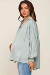 Mint Green Silk Collared V-Neck Long Sleeve Maternity Blouse