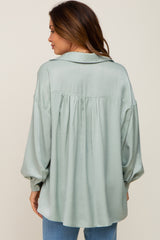 Mint Green Silk Collared V-Neck Long Sleeve Maternity Blouse