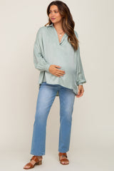 Mint Green Silk Collared V-Neck Long Sleeve Maternity Blouse