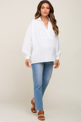 Ivory Silk Collared V-Neck Long Sleeve Maternity Blouse