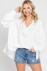 Ivory Silk Collared V-Neck Long Sleeve Maternity Blouse