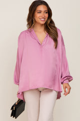 Mauve Silk Collared V-Neck Long Sleeve Maternity Blouse