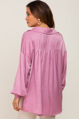 Mauve Silk Collared V-Neck Long Sleeve Maternity Blouse