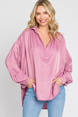 Mauve Silk Collared V-Neck Long Sleeve Blouse