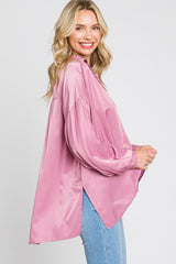 Mauve Silk Collared V-Neck Long Sleeve Blouse