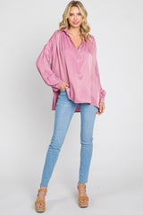 Mauve Silk Collared V-Neck Long Sleeve Blouse