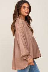 Taupe Silk Collared V-Neck Long Sleeve Maternity Blouse