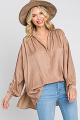 Taupe Silk Collared V-Neck Long Sleeve Maternity Blouse