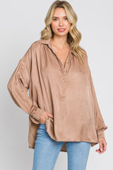 Taupe Silk Collared V-Neck Long Sleeve Blouse