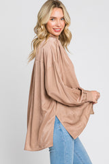 Taupe Silk Collared V-Neck Long Sleeve Blouse