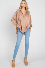 Taupe Silk Collared V-Neck Long Sleeve Blouse