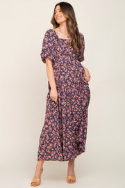 Navy Blue Floral Smocked Square Neck Maternity Maxi Dress