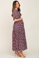 Navy Blue Floral Smocked Square Neck Maternity Maxi Dress