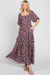 Navy Blue Floral Smocked Square Neck Maternity Maxi Dress