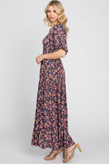 Navy Blue Floral Smocked Square Neck Maxi Dress