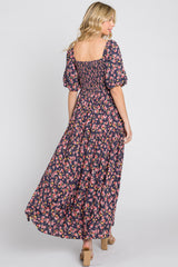 Navy Blue Floral Smocked Square Neck Maxi Dress