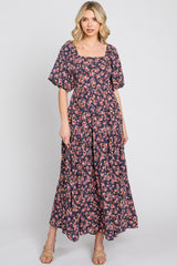 Navy Blue Floral Smocked Square Neck Maxi Dress