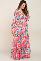 Multi Color Floral Tiered Chiffon Maternity Dress