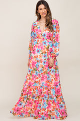 Multi Color Floral Tiered Chiffon Maternity Dress