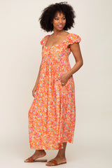 Orange Floral Back Cutout Midi Dress