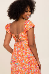 Orange Floral Back Cutout Midi Dress