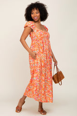 Orange Floral Back Cutout Midi Dress