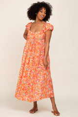 Orange Floral Back Cutout Midi Dress