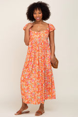 Orange Floral Back Cutout Maternity Midi Dress