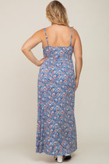 Blue Floral Wrap Front V-Neck Maternity Plus Maxi Dress