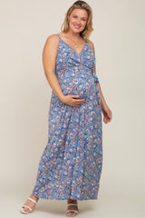 Blue Floral Wrap Front V-Neck Maternity Plus Maxi Dress