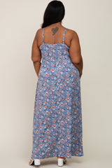 Blue Floral Wrap Front V-Neck Plus Maxi Dress