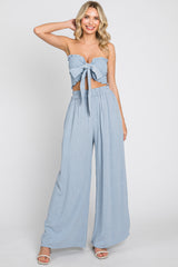 Light Blue Front Tie Crop Top and Pant Maternity Set