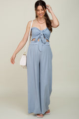 Light Blue Front Tie Crop Top and Pant Maternity Set