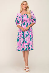 Lavender Floral Square Neck Smocked Maternity Midi Dress