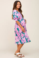 Lavender Floral Square Neck Smocked Maternity Midi Dress