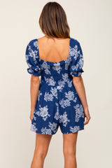 Navy Floral Smocked Puff Sleeve Romper