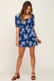 Navy Floral Smocked Puff Sleeve Romper