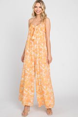 Orange Leaf Print Strapless Front Tie Jumpsuit