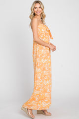 Orange Leaf Print Strapless Front Tie Jumpsuit