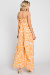 Orange Leaf Print Strapless Front Tie Jumpsuit