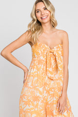 Orange Leaf Print Strapless Front Tie Jumpsuit