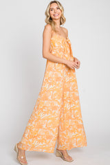 Orange Leaf Print Strapless Front Tie Jumpsuit