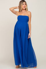 Royal Blue Smocked Strapless Wide Leg Maternity Jumpsuit