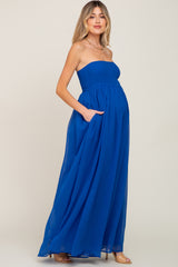 Royal Blue Smocked Strapless Wide Leg Maternity Jumpsuit