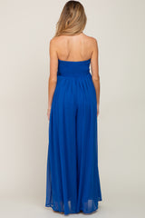 Royal Blue Smocked Strapless Wide Leg Maternity Jumpsuit