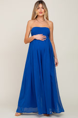 Royal Blue Smocked Strapless Wide Leg Maternity Jumpsuit