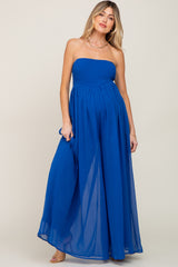 Royal Blue Smocked Strapless Wide Leg Maternity Jumpsuit