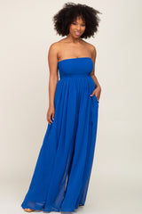 Royal Blue Smocked Strapless Wide Leg Maternity Jumpsuit