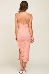 Peach Mesh Ruched Cross Back Side Slit Midi Dress