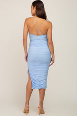 Light Blue Mesh Ruched Cross Back Side Slit Maternity Midi Dress